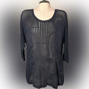 CJ Banks 1X Navy Blue Crochet Knit Tunic Sweater